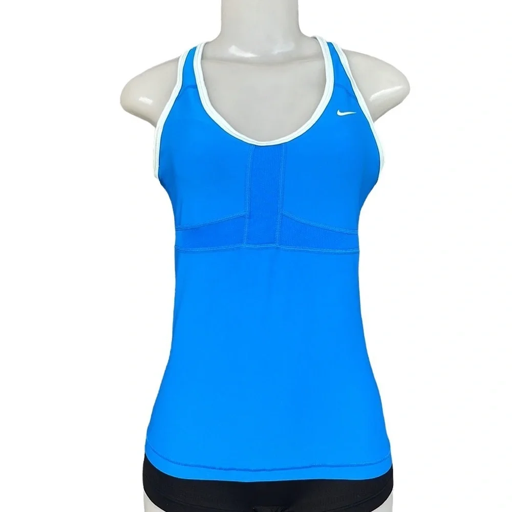 Nike Dri-FIT Blue White Trim Built In Shelf Bra Racerback Tank Top Size M